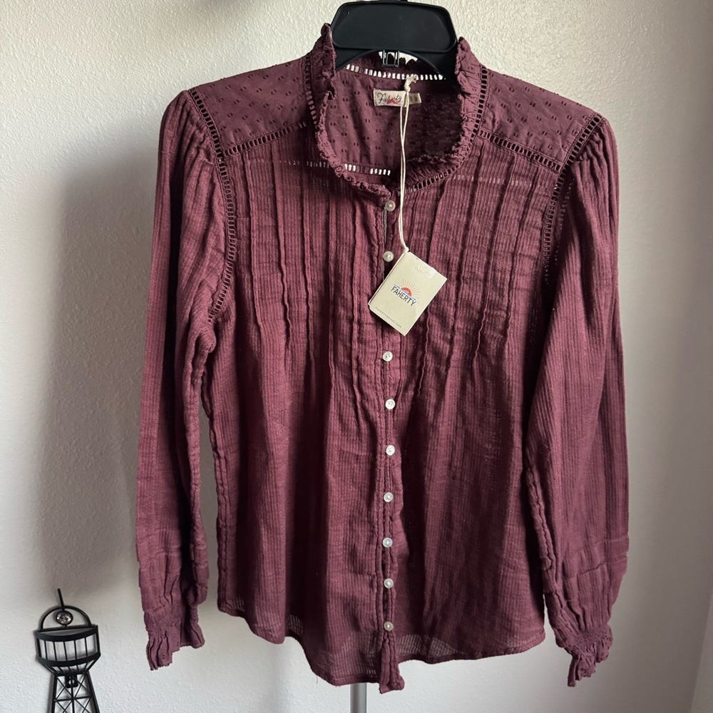 NWT FAHERTY Willa Button Front Peasant Blouse Organic Cotton Catawaba Grape Sz M - Picture 4 of 13